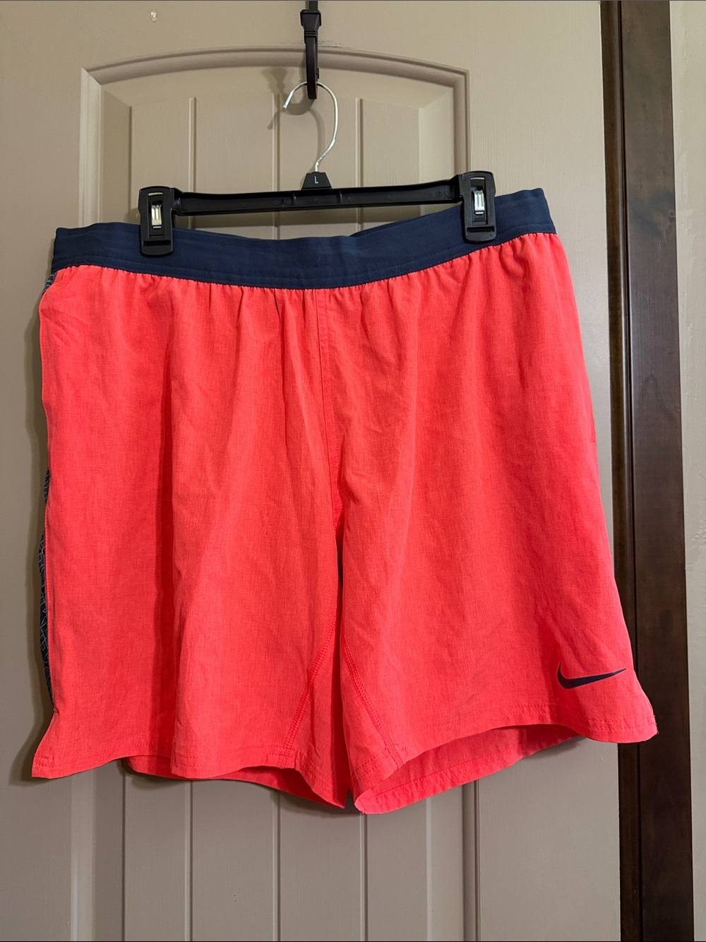Nike Coral-Red Shorts with Navy Waistband and Swoosh